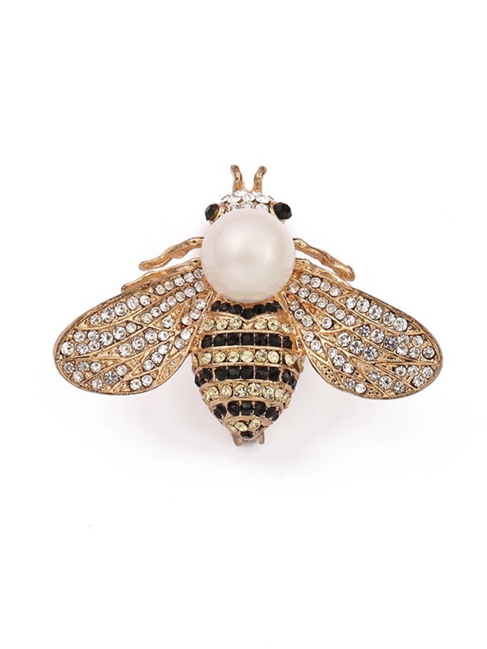 Gold Tone Rhinestone Bee Brooch with Faux Pearl Jeweled Bumble Bee Statement Pin